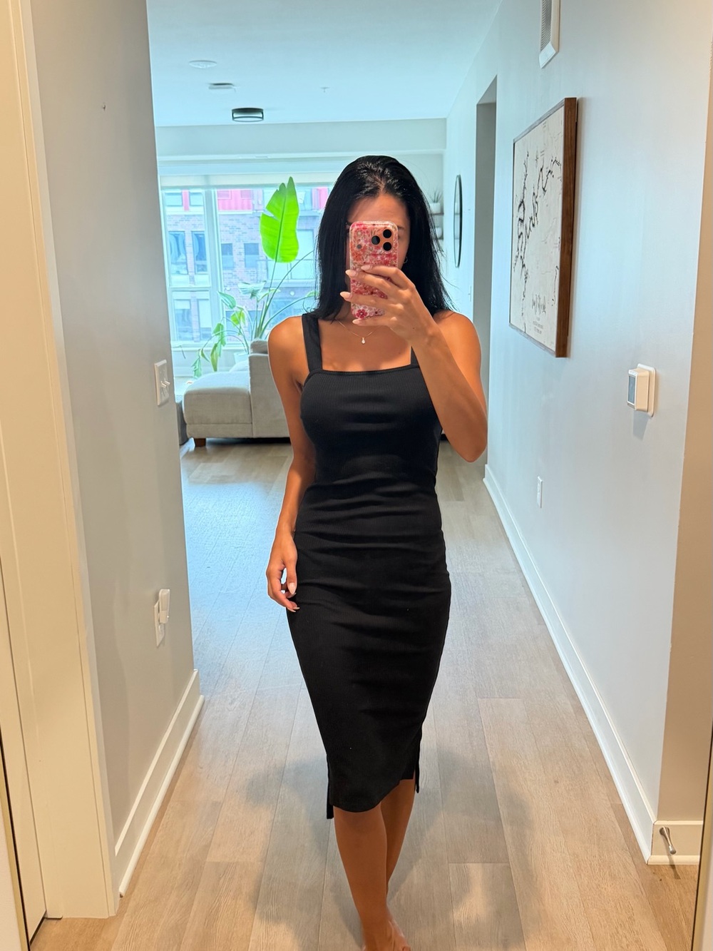 Sleeveless Black Square-Neck Midi Dress